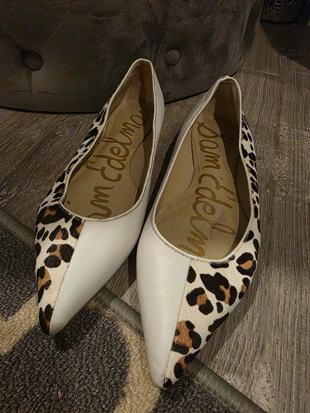 Sam Edelman White and Leopard Print Pointed Ballet Flats